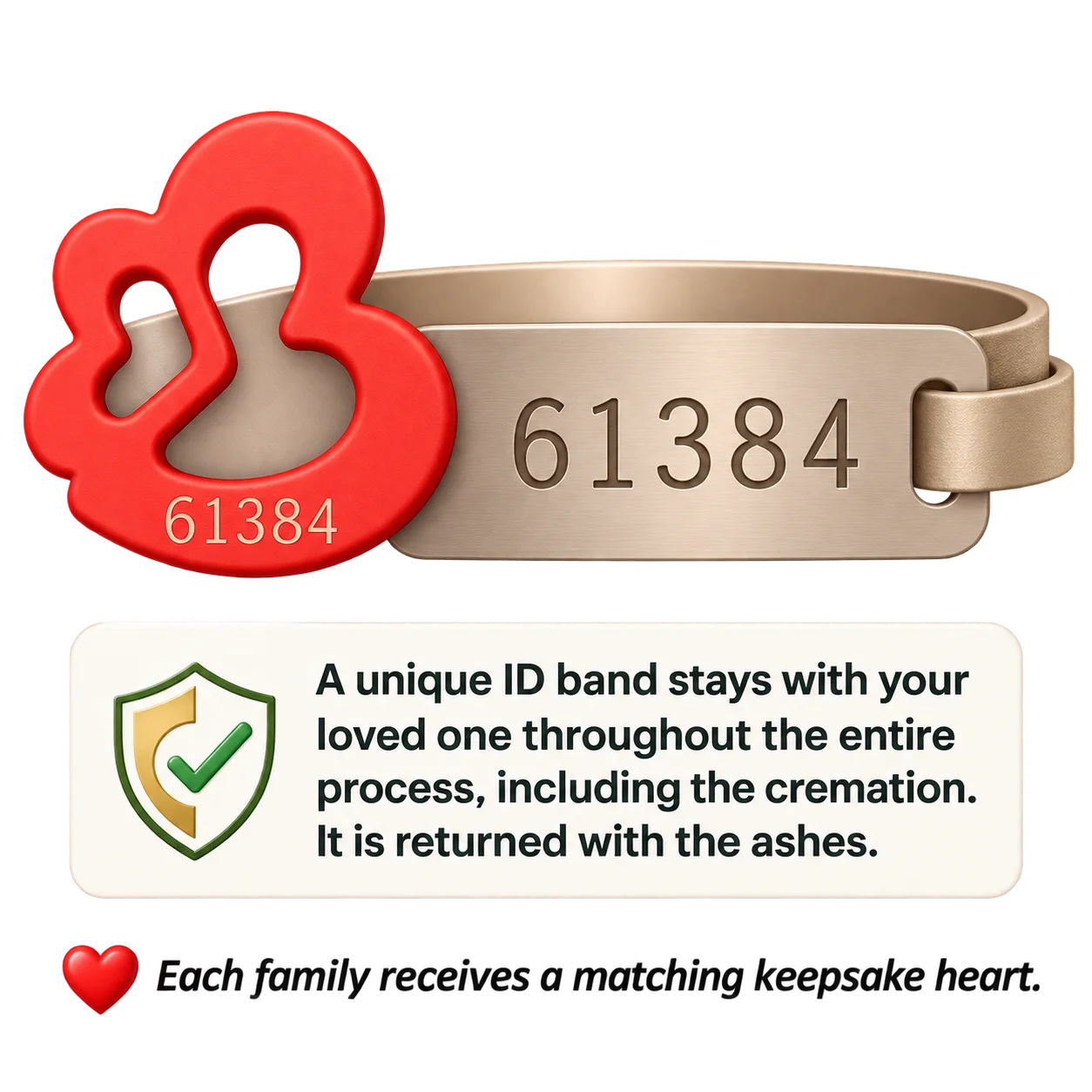 Stainless steel ID band with matching red heart keepsake, both engraved with the same identification number