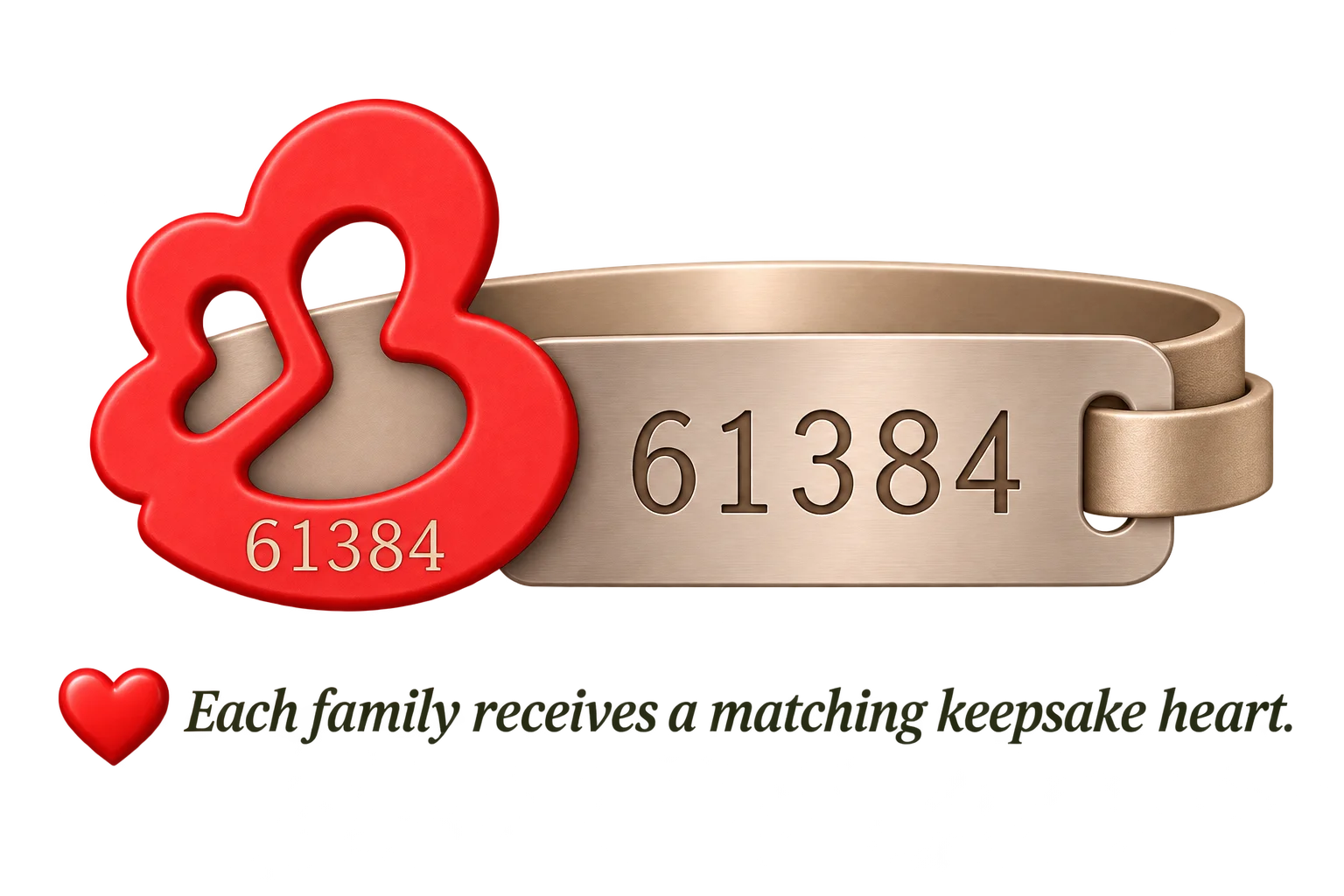 Stainless steel ID band with matching red heart keepsake, both engraved with the same identification number